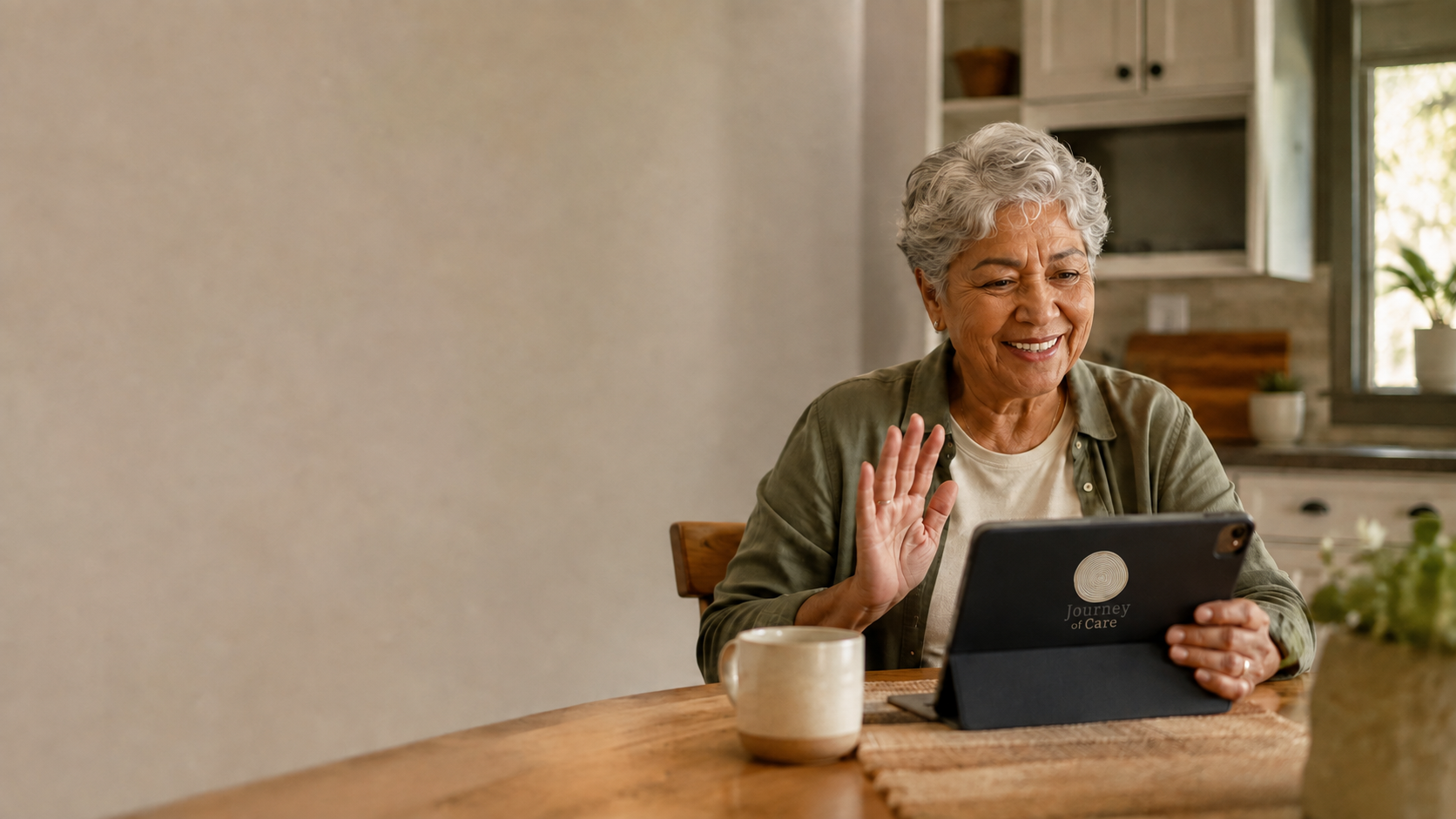 A woman using a Journey of Care branded tablet to connect with her support team